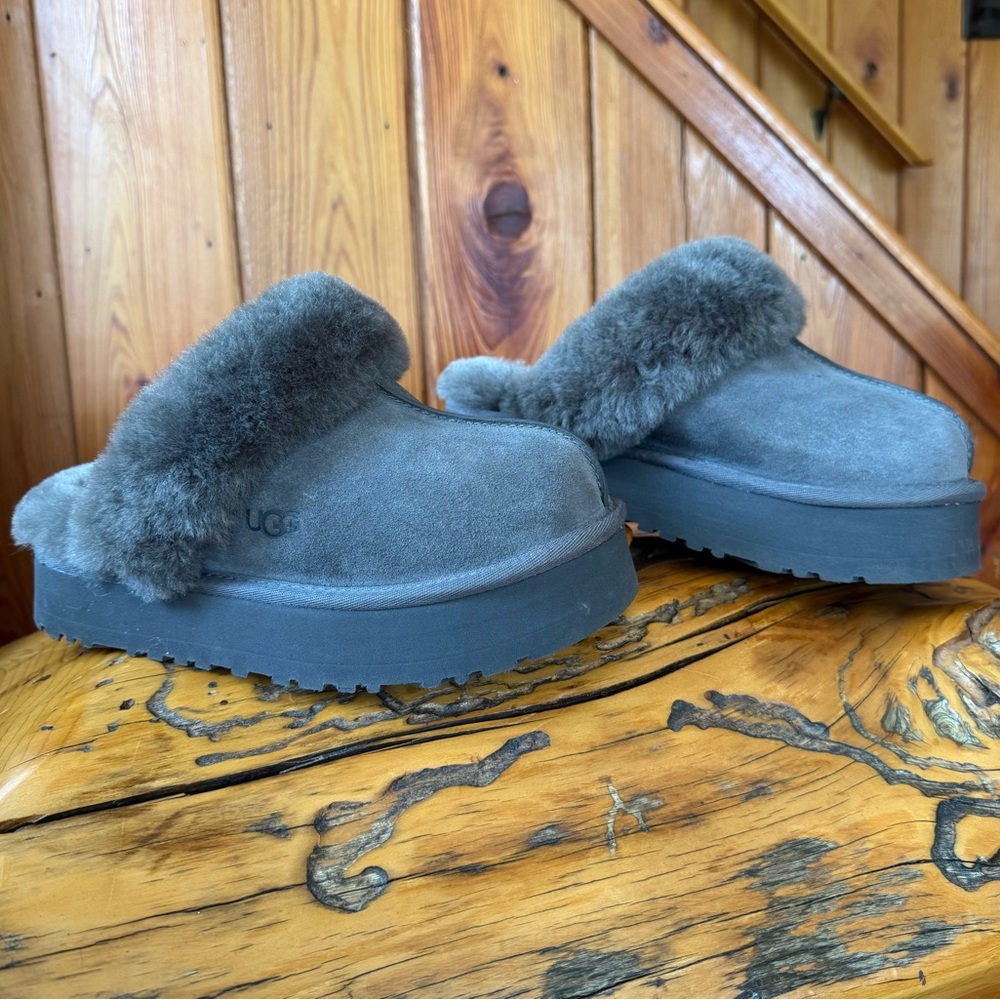 UGG Disquette Platform Shearling Slippers, Suede Fur-Lined Mules, Charcoal Gray - Picture 2 of 6